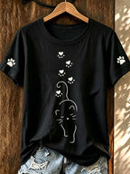 Fun Cat Simple Stroke Cat Paw Print Casual T-Shirt