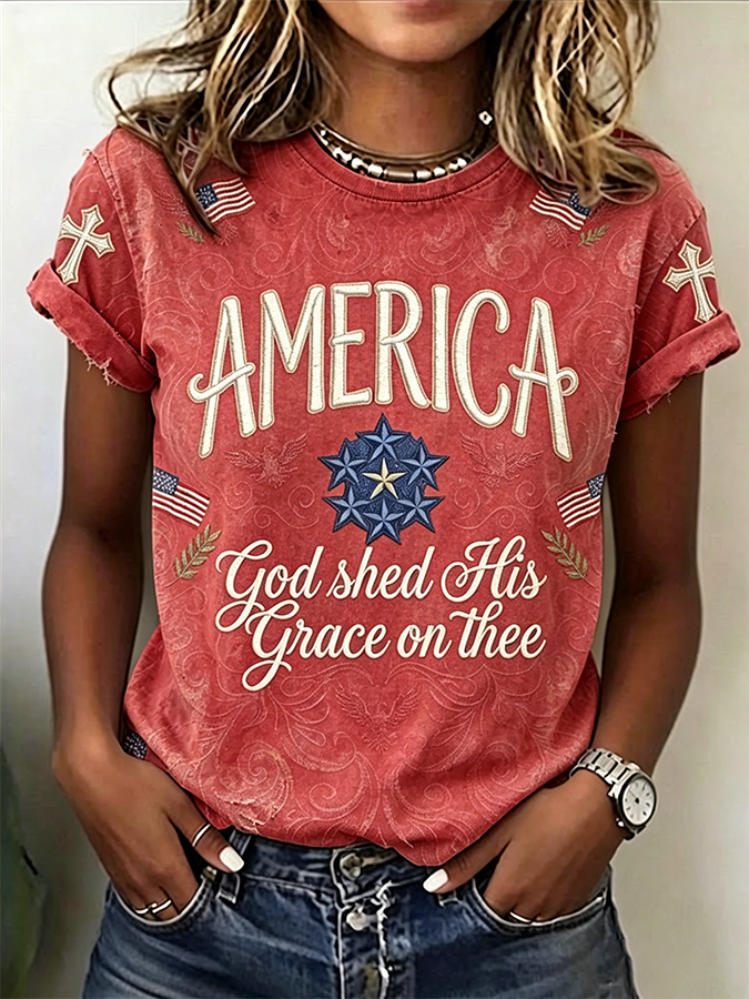 Women's Retro Texture Religious Beliefs USA 250th Anniversary Printed T-shirt