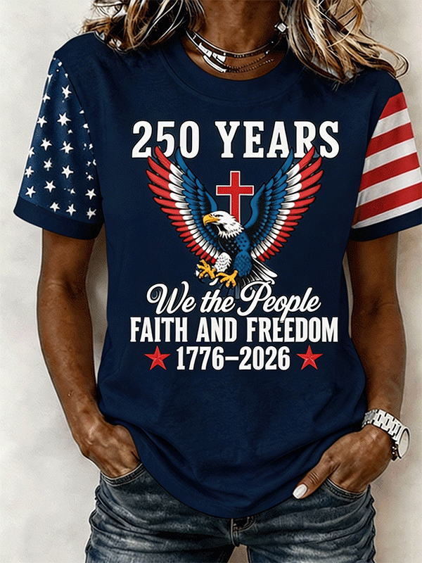 Women's 250 Years We The People Faith Freedom Eagle Cross Star Stripe Color Block Short Sleeve Casual T-Shirt