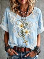 Women's Vintage Lily Flower Cross Art Print Short-sleeved T-shirt