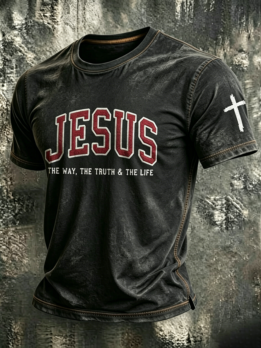 Jesus Cross Faith Commemorative Printed Round Neck T-Shirt