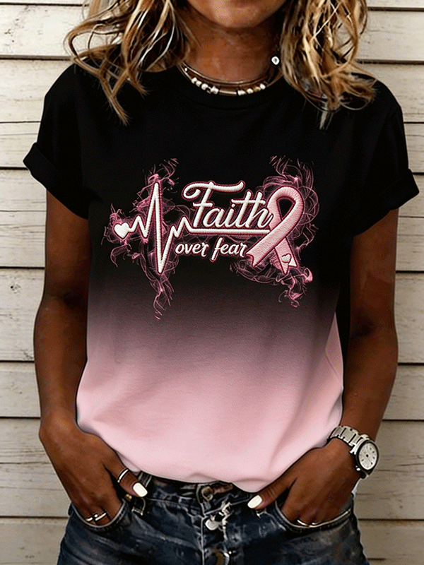 Faith Over Fear Pink Ribbon Gradient Short Sleeve T-shirt