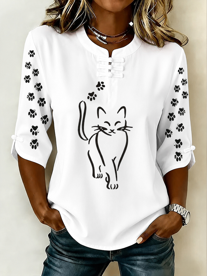Women'S Elegant Cat Casual Button Top