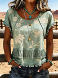 Women's Casual Tassel Patchwork Printed Top