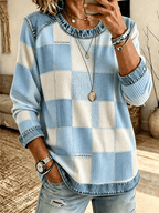 Women's Checkered Patchwork Trim Waffle Knit Long Sleeve Top