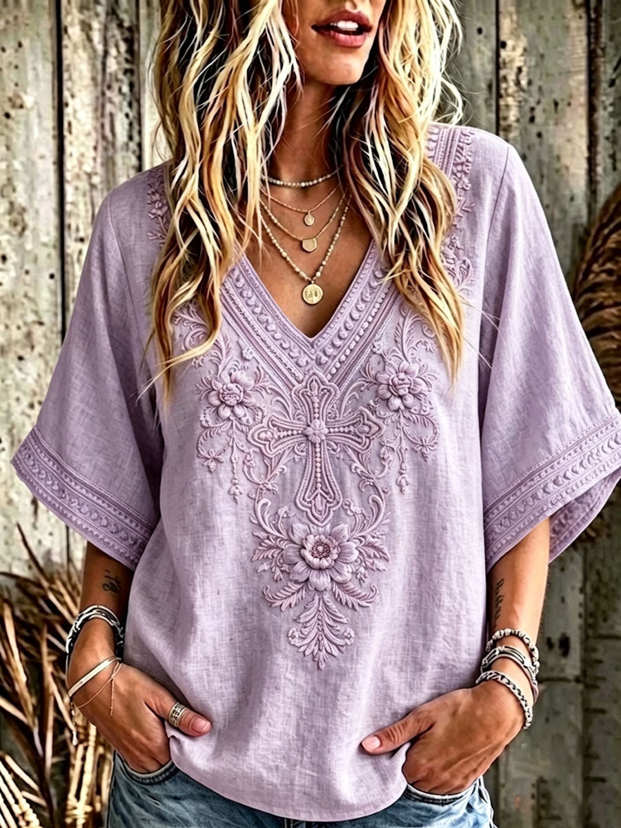 Women'S Cotton And Linen Floral Faith Casual Top