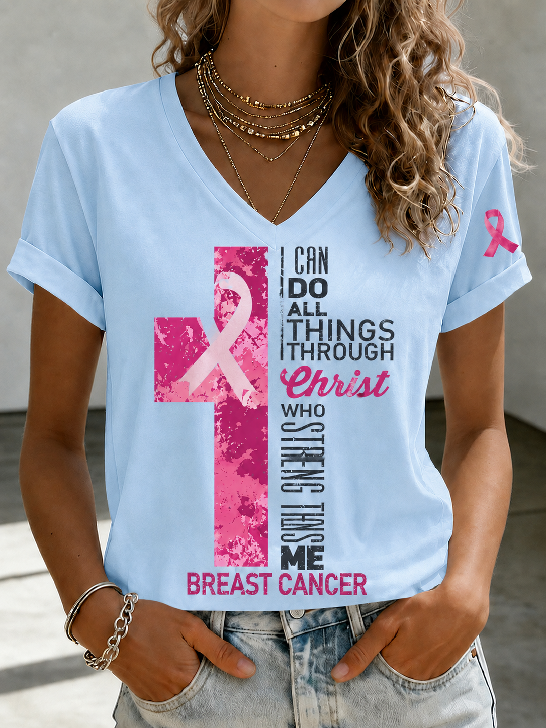 Women'S Faith And Breast Cancer Promotion Printed Short Sleeved T-Shirt