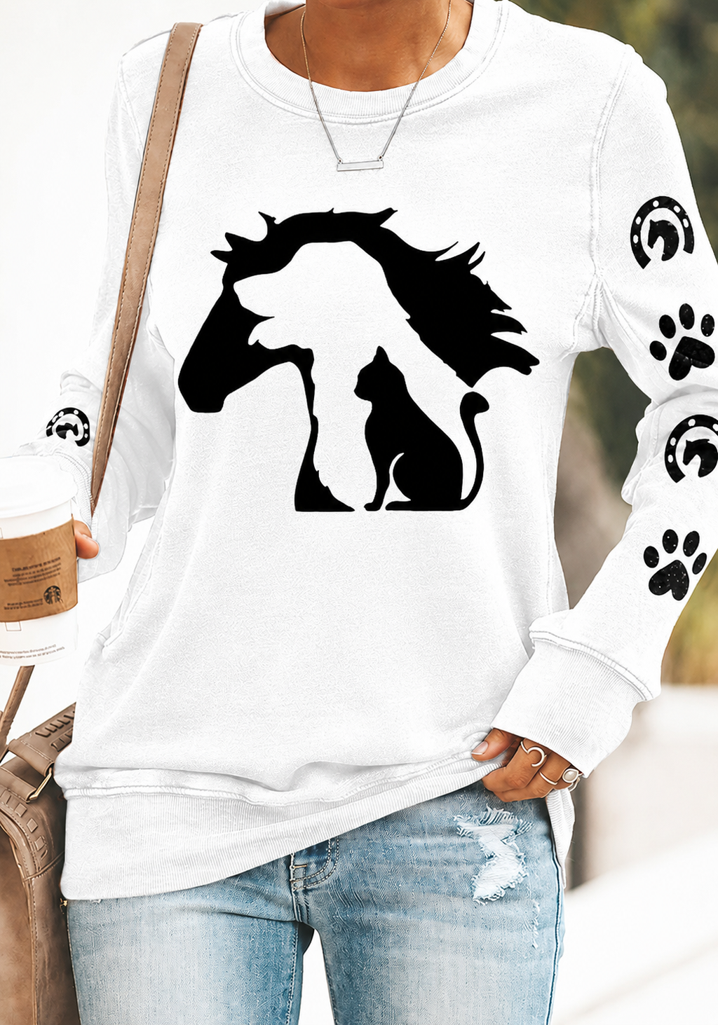 Women'S Animal Silhouette Printed Round Neck Long Sleeved Shirt