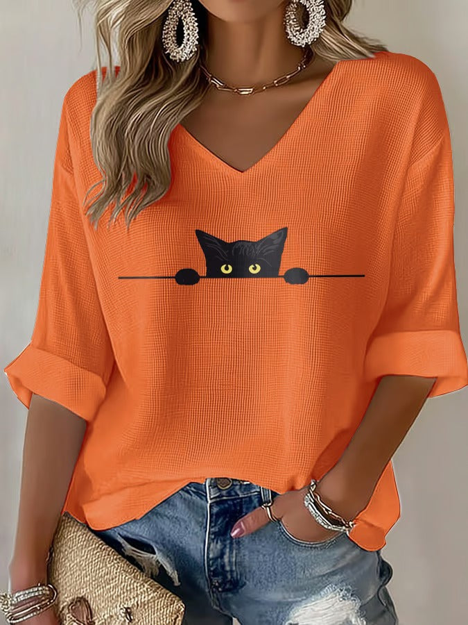 Women'S Cat Printed Waffle T-Shirt