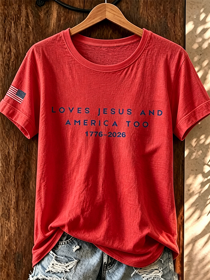 Women's Love for Jesus American Flag Cross Color Short Sleeved T-Shirt