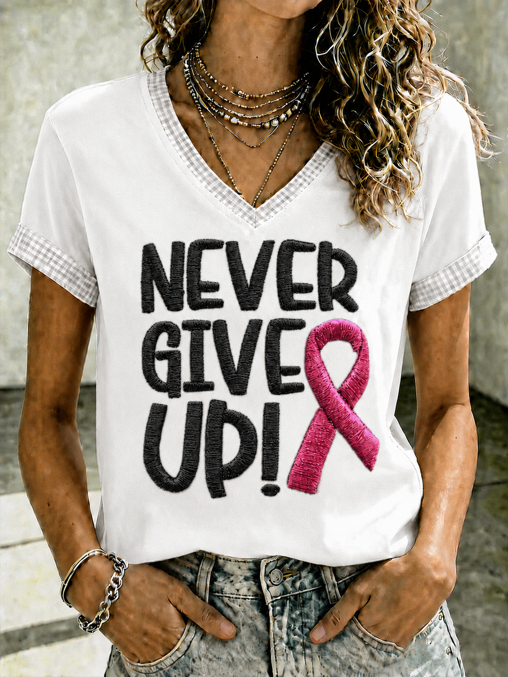 Women'S Breast Cancer Promotional Print Short Sleeved T-Shirt