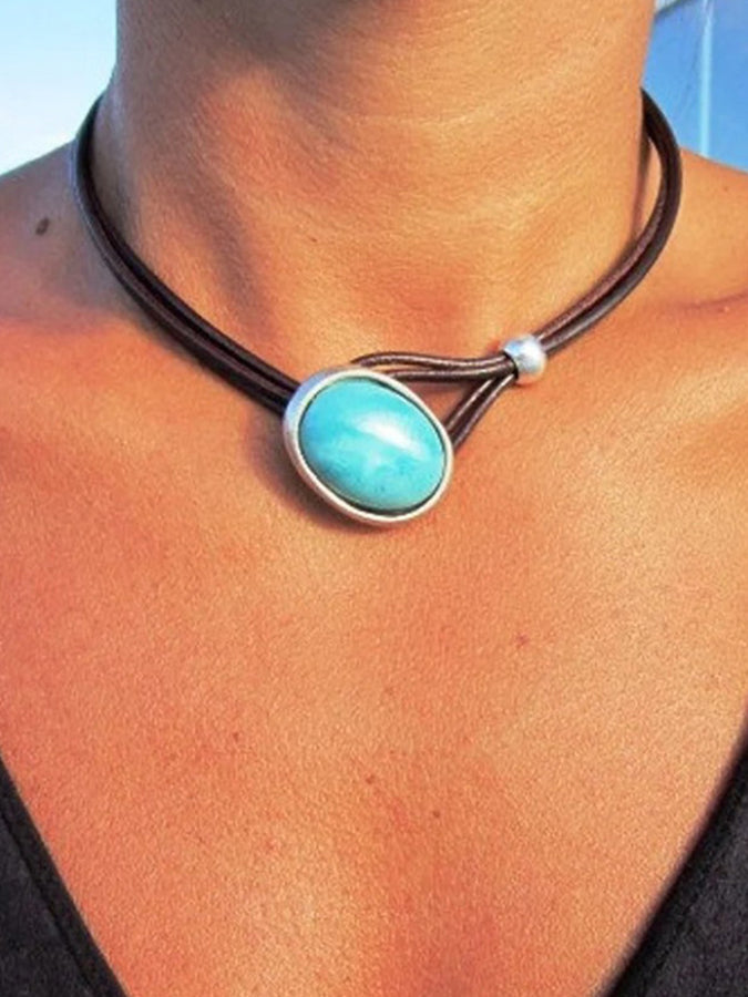Leather Turquoise Choker Necklace
