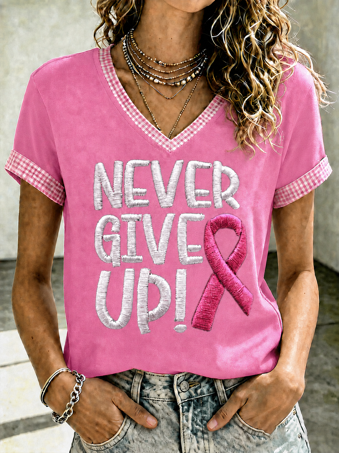 Women'S Breast Cancer Promotional Print Short Sleeved T-Shirt