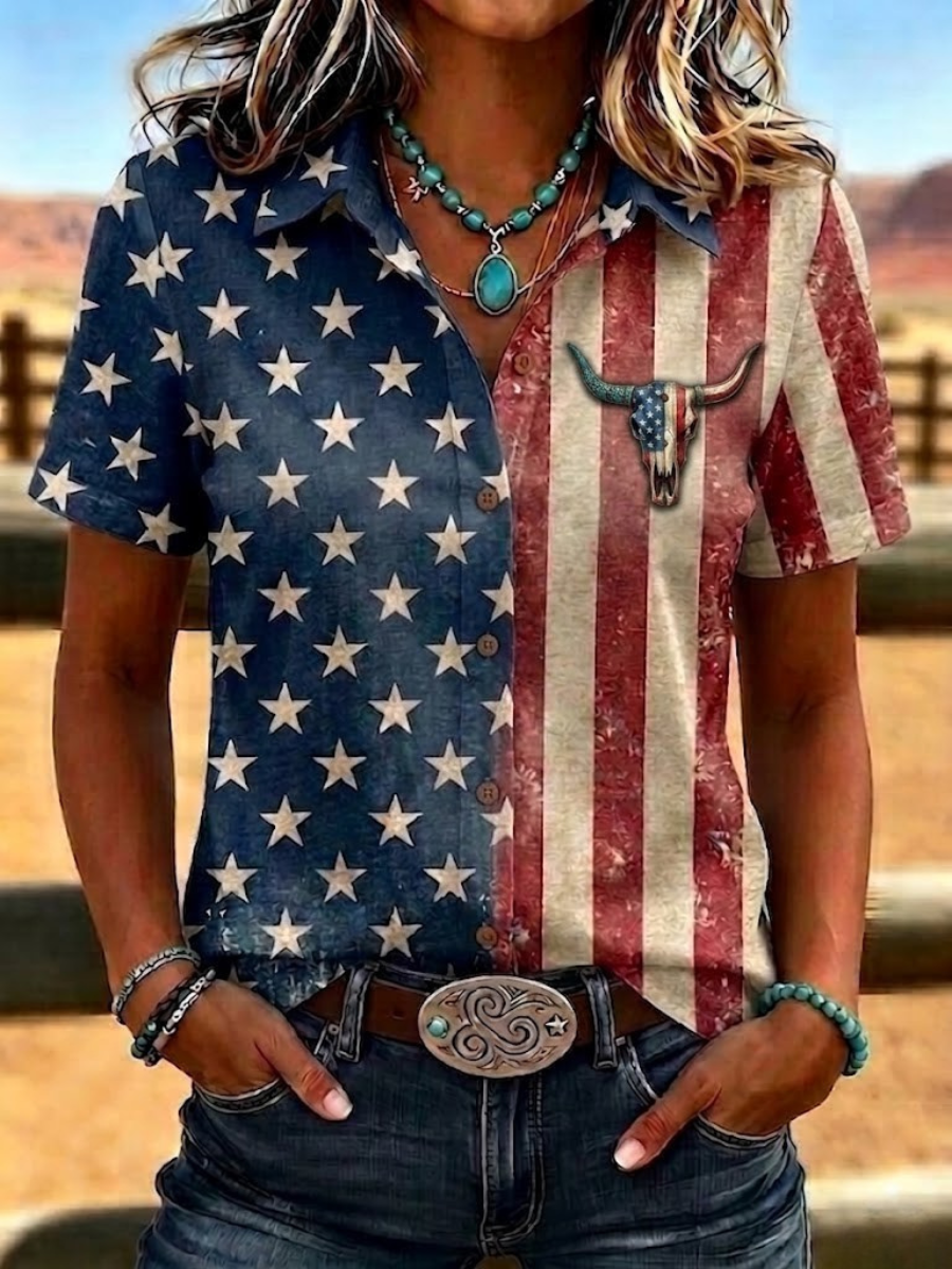 Women'S Retro Western Style Printed Short Sleeved Shirt