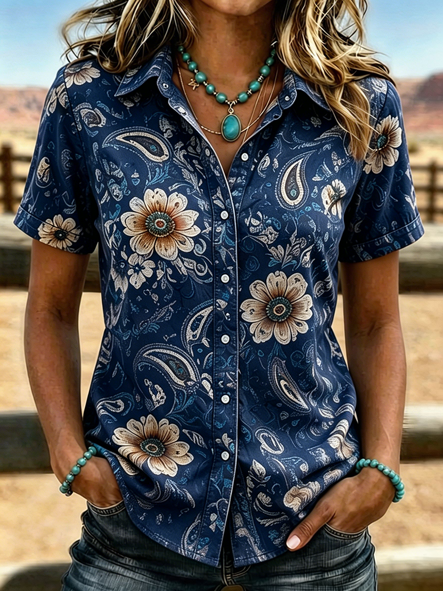 Women's Boho Paisley Floral Print Western Short Sleeve Button Up Shirt
