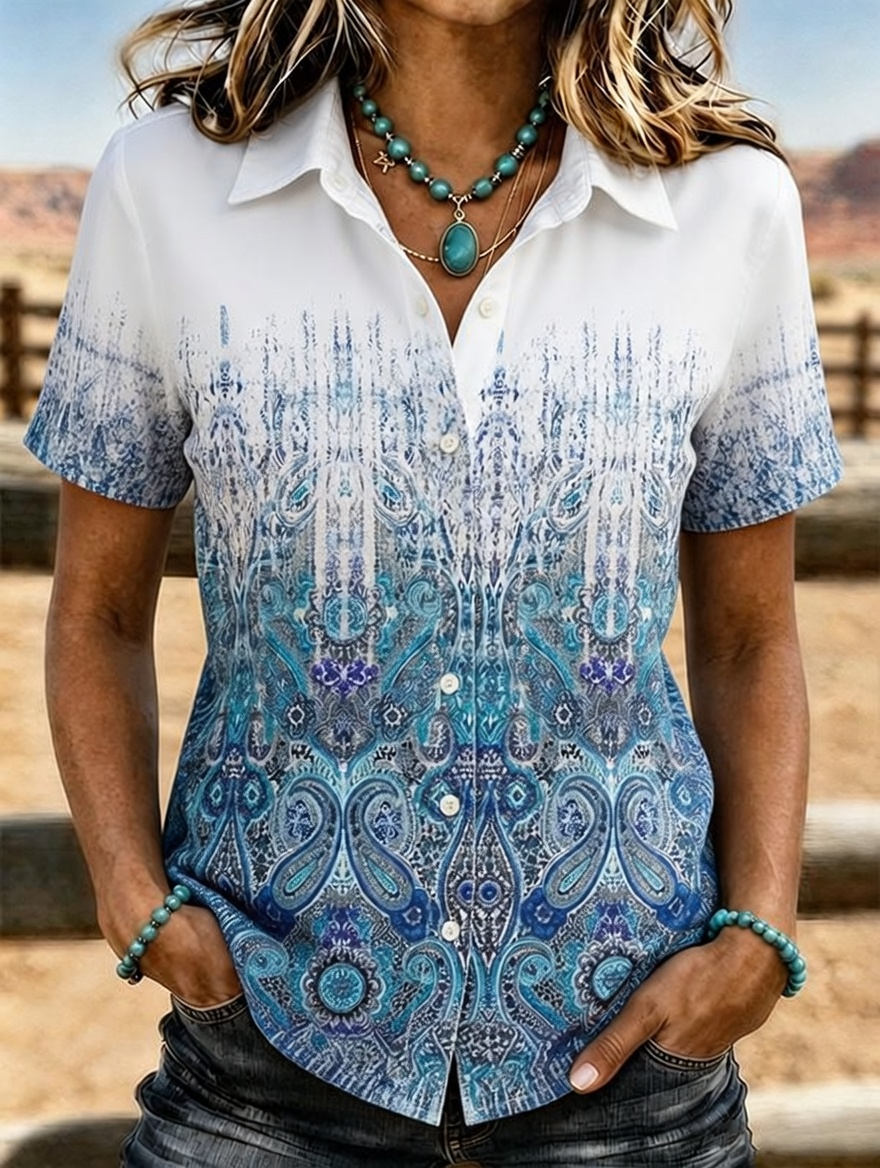 Women's Ombre Paisley Short Sleeve Western Button Down Shirt