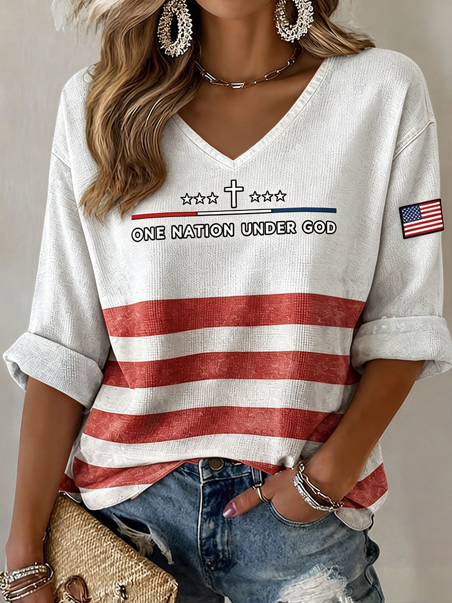 Women's One Nation Under God Cross Star American Flag Striped Roll Cuff V-Neck Loose Blouse