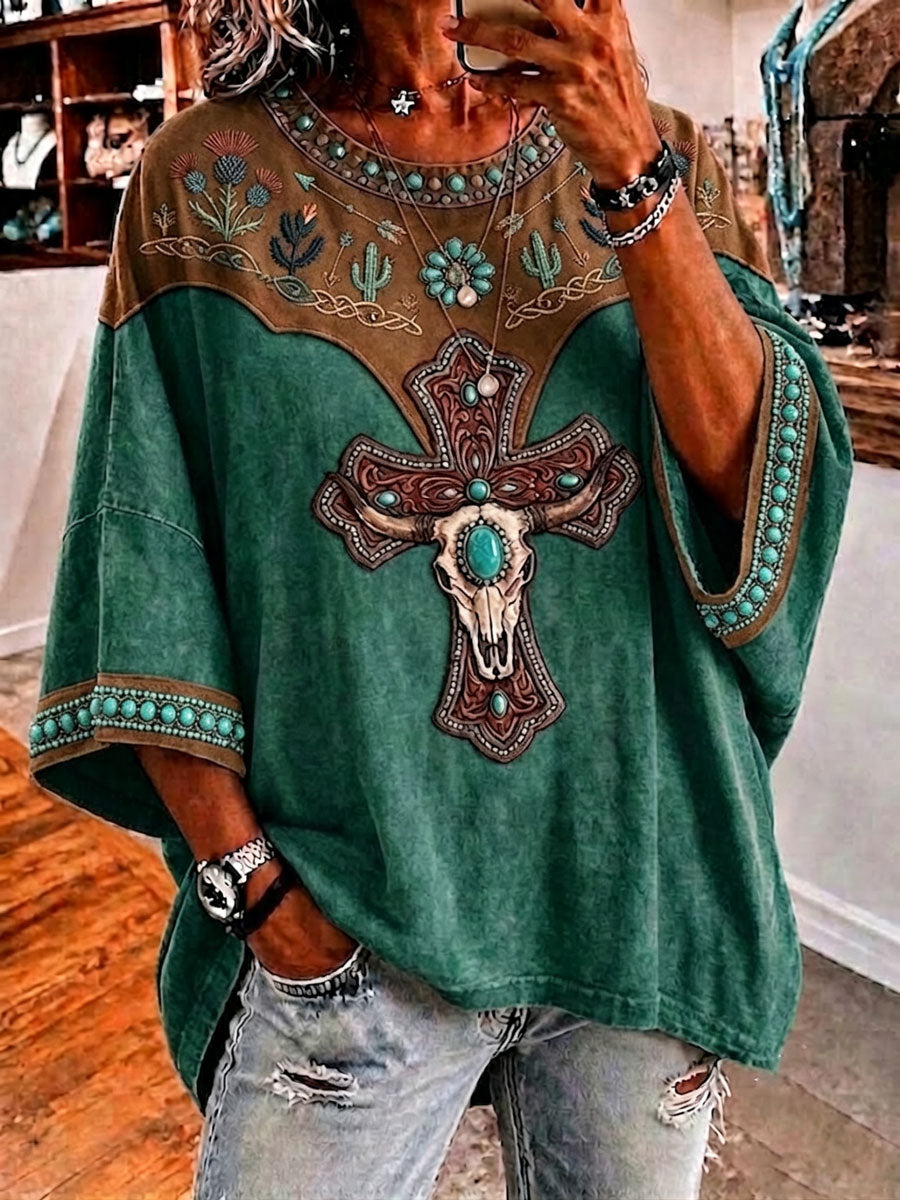 Ladies' Retro Western Style Cross Faith Loose Top