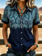 Women's Turquoise Ombre Paisley Print Short Sleeve Western Shirt