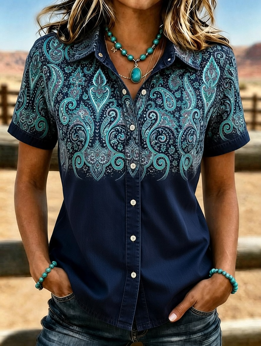 Women's Turquoise Ombre Paisley Print Short Sleeve Western Shirt