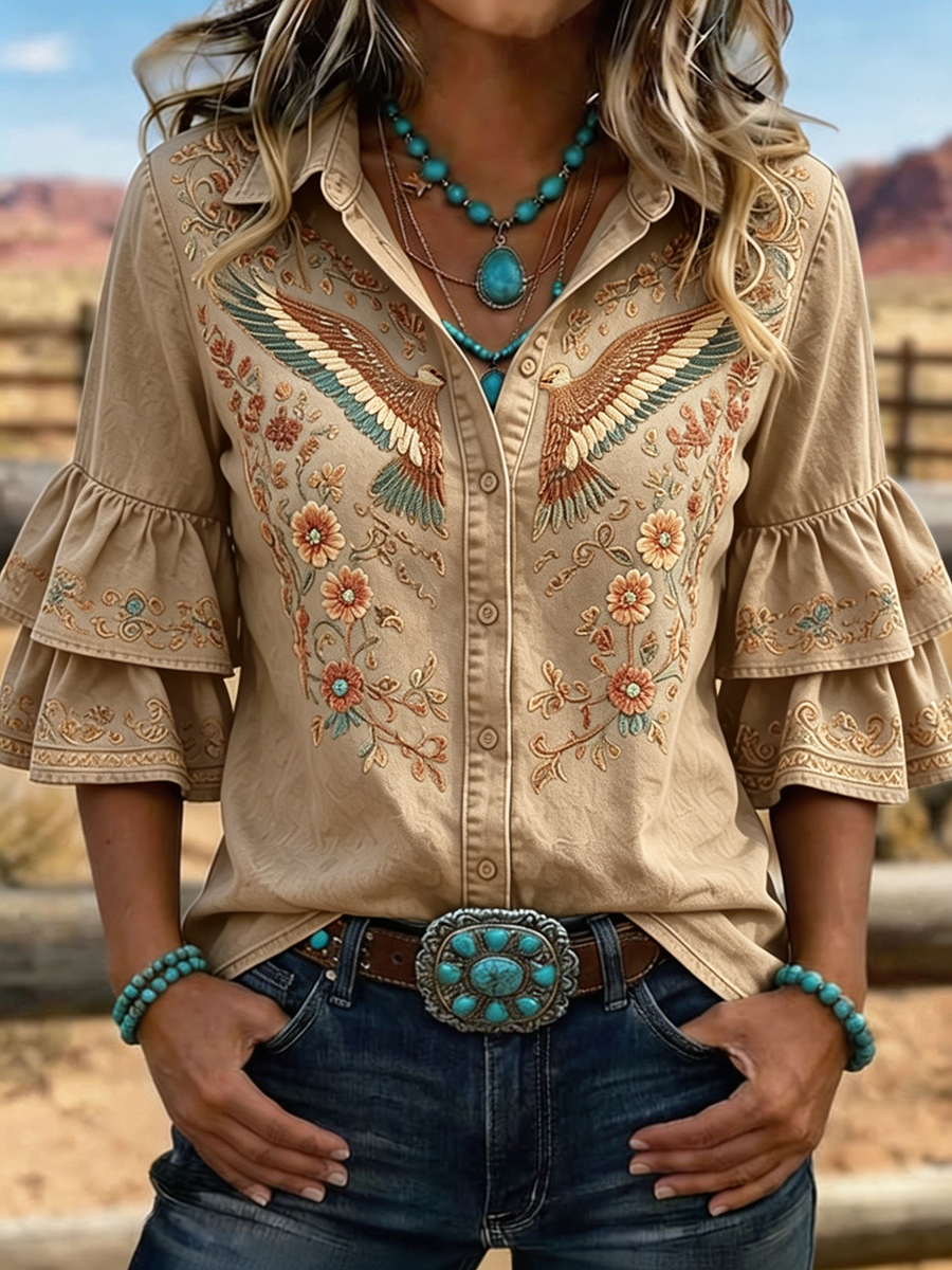 Women's Western Eagle Floral Embroidered Ruffle Sleeve Blouse
