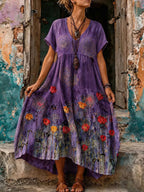 Women's Vintage Floral Art Linen Maxi Dress