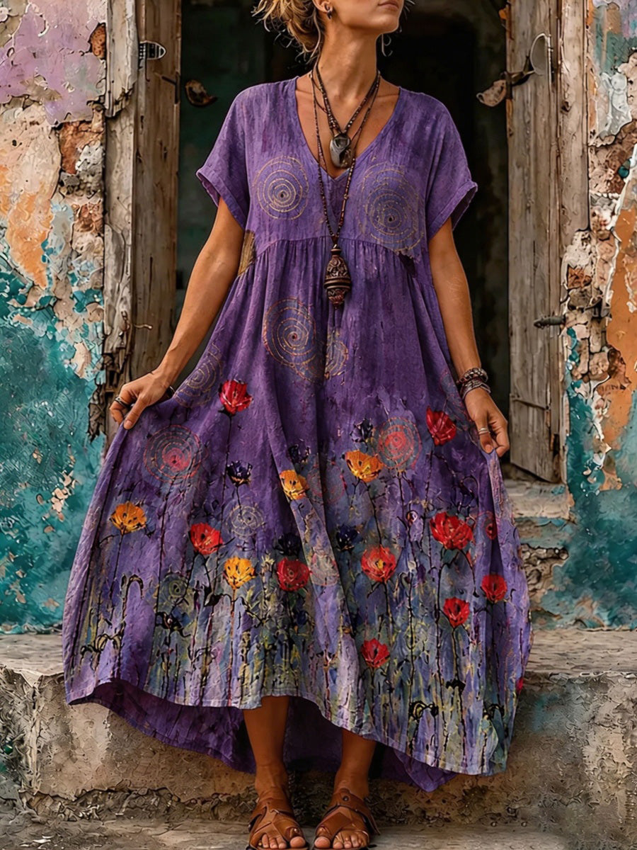 Women's Vintage Floral Art Linen Maxi Dress