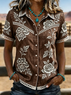 Women's Burgundy Rose Embroidered Lace Trim Western Denim Shirt