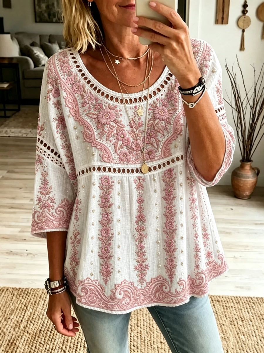 Women's Lace Floral Art Linen Shirt