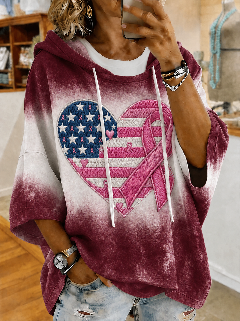 Women'S Breast Cancer Awareness Print Half Sleeve Hoodie