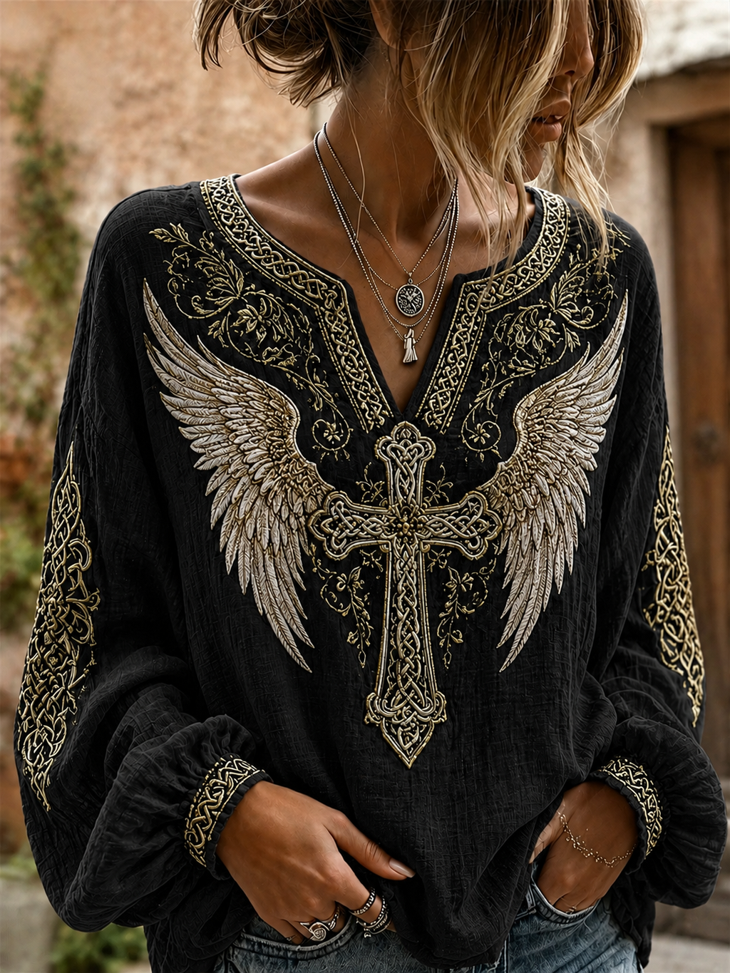 Women'S Gothic Cross Angel Wings Casual Top