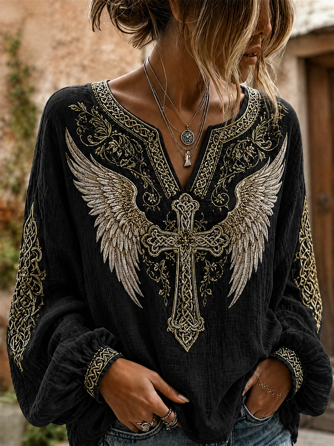 Women'S Gothic Cross Angel Wings Casual Top