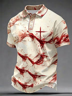 Men's Casual Blood Stain Cross Print Polo Shrit