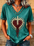 Women's Christian Cross Bead Embroidery Art T-Shirt