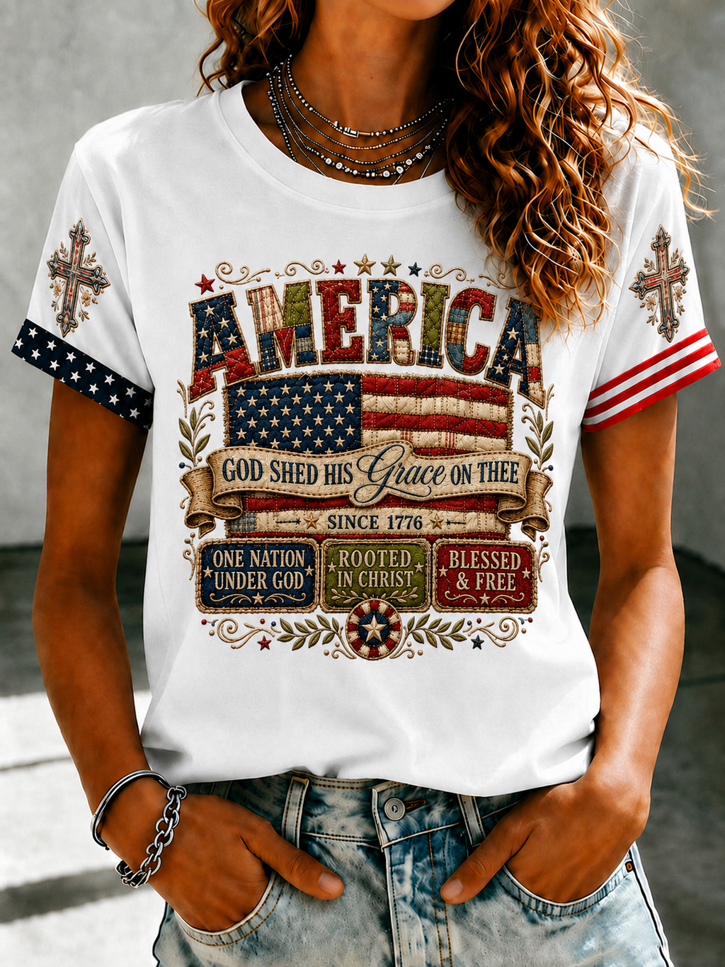 Women'S Retro American Flag Combined With Faith Printed T-Shirt