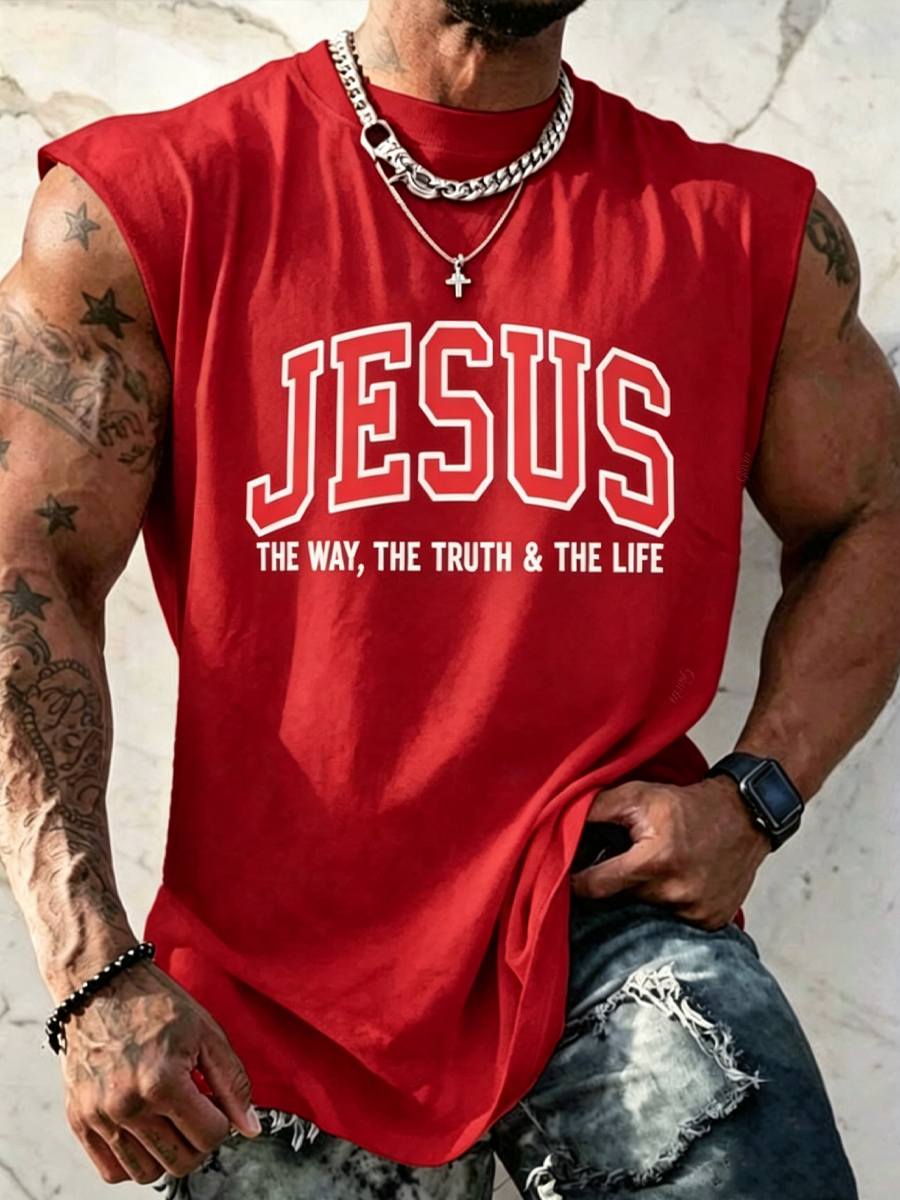 Retro Jesus Print Men'S Casual Print Crew Neck Vest