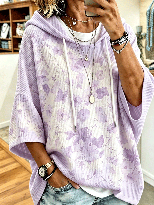 Women Floral Waffle Knit Loose Hoodie