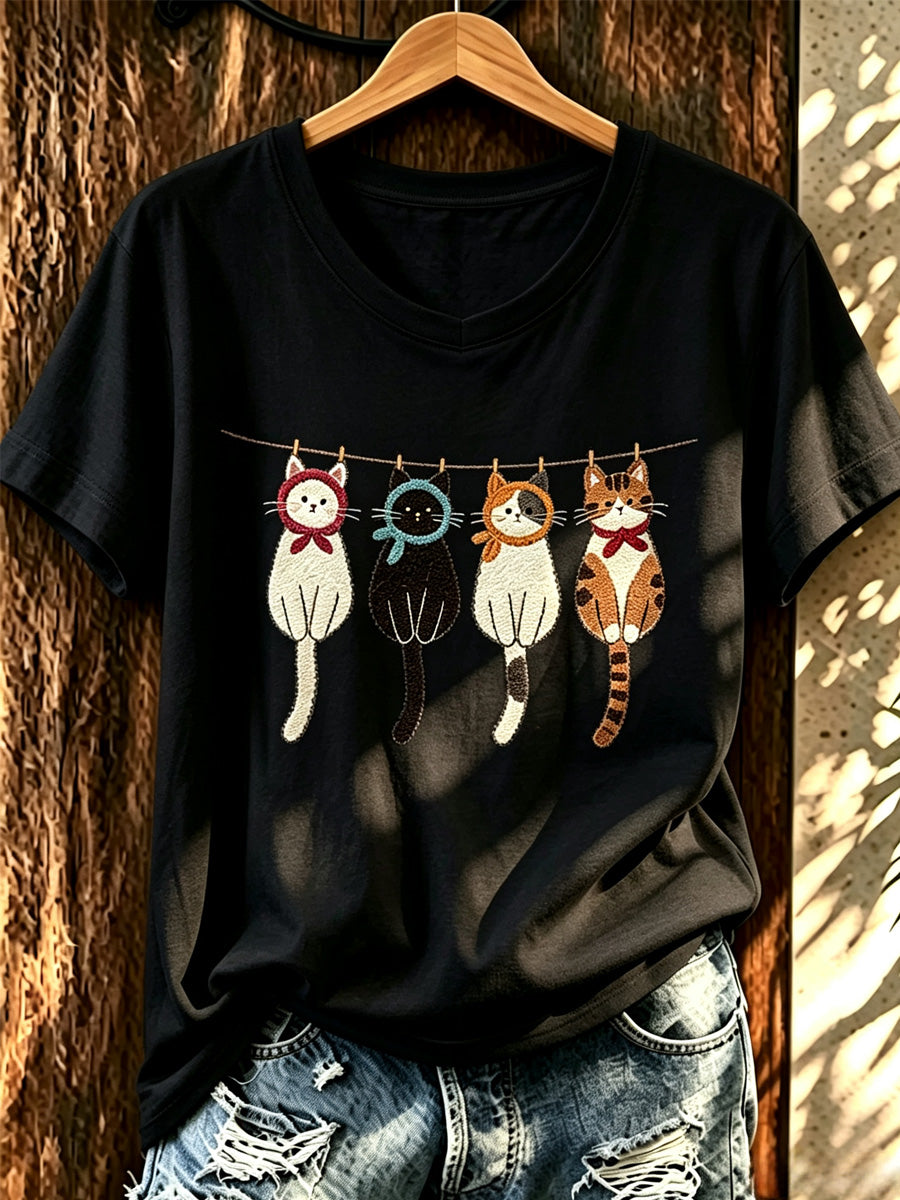 Women'S Fun Cat Printed Casual Round Neck T-Shirt