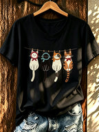 Women'S Fun Cat Printed Casual Round Neck T-Shirt