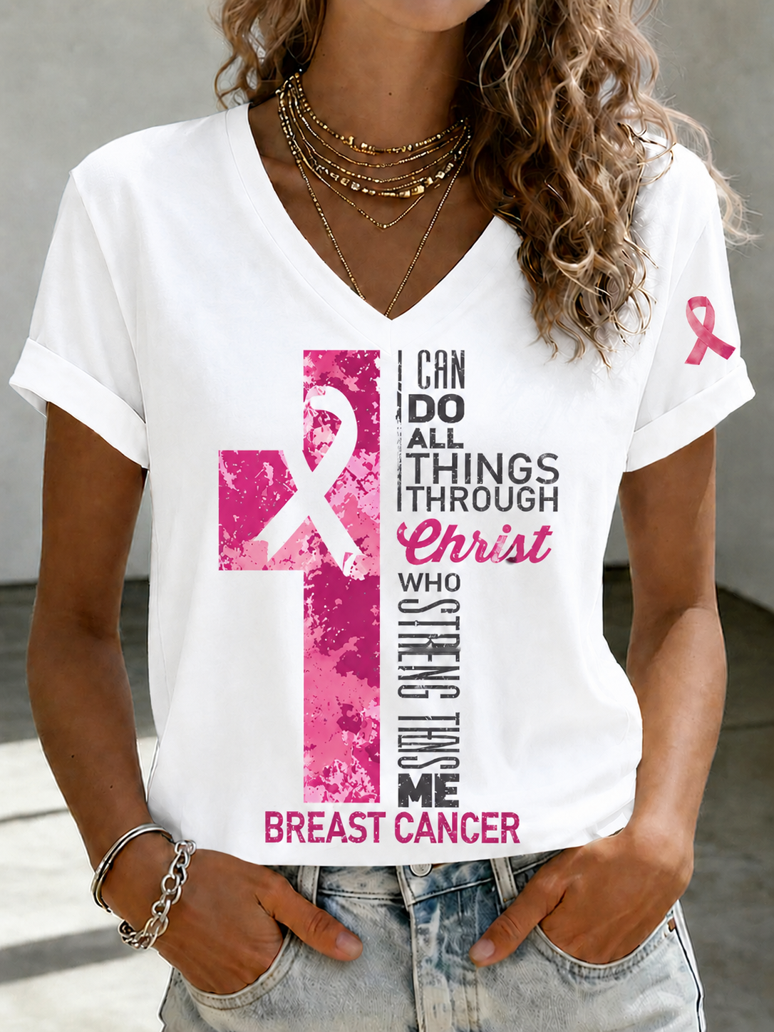 Women'S Faith And Breast Cancer Promotion Printed Short Sleeved T-Shirt