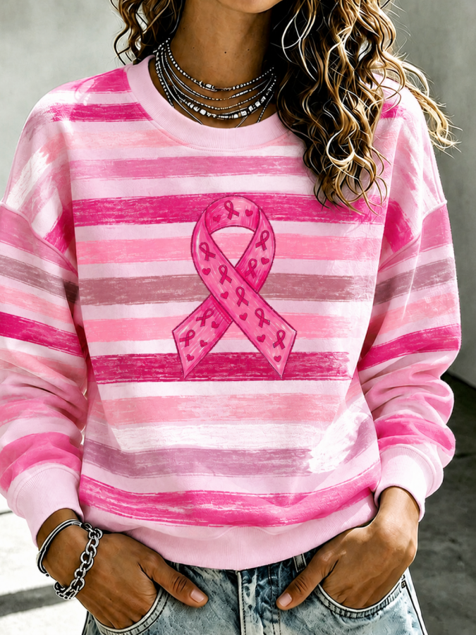 Women'S Pink Patchwork Print Breast Cancer Awareness Crewneck Sweatshirt