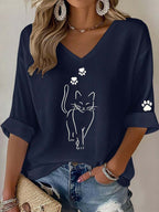 Cute Simple Pen Cat Print V-Neck