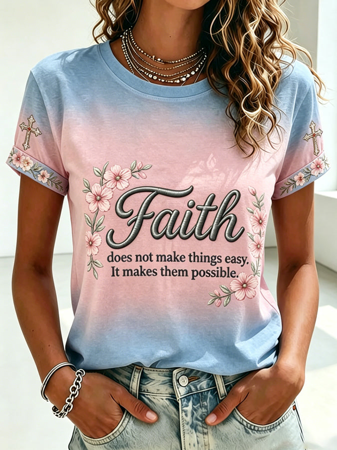 Women'S Casual Faith Floral Print Round Neck Short Sleeved T-Shirt