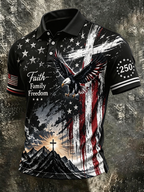 Men's Faith Family Freedom American Flag Eagle Cross Polo Shirt