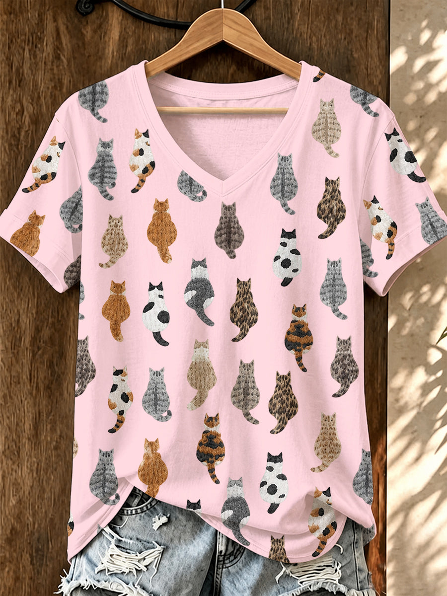 Women'S Cat Printed V-Neck T-Shirt