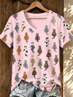 Women'S Cat Printed V-Neck T-Shirt