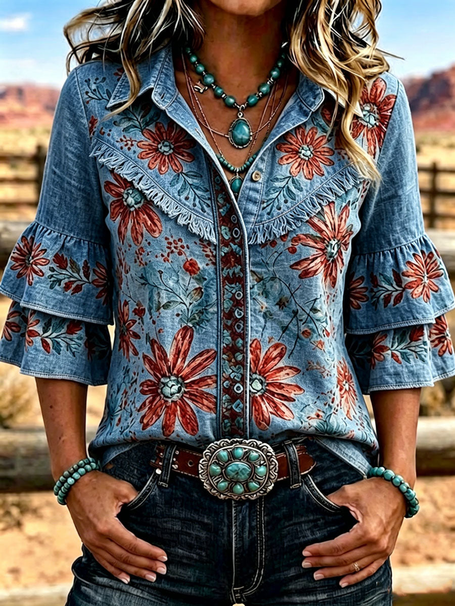 Women's Vintage Floral Print Casual Ruffle Lapel Shirt