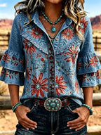 Women's Vintage Floral Print Casual Ruffle Lapel Shirt
