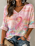 Pink Ribbon Breast Cancer Print Women'S V-Neck Loose Top