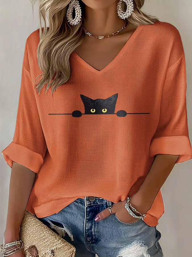 Women'S Cat Printed Waffle T-Shirt